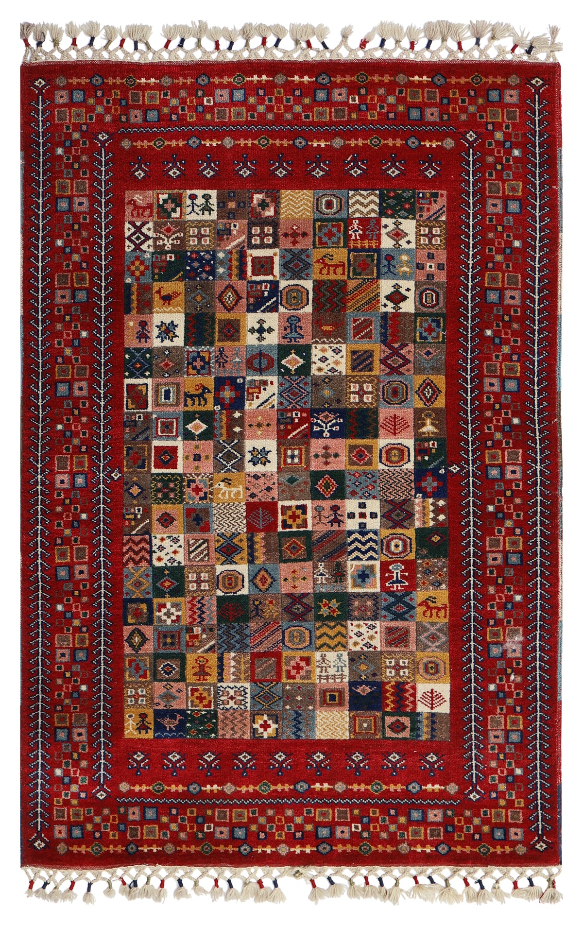 Folk Art Gabbeh Patchwork Panel Crimson Red Multicolour Hand Knotted Wool Area Rug
