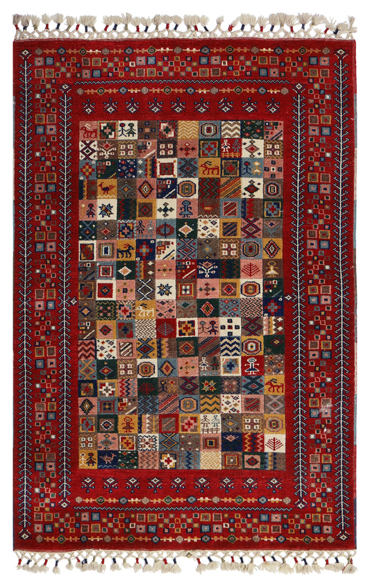 Folk Art Gabbeh Patchwork Panel Crimson Red Multicolour Hand Knotted Wool Area Rug