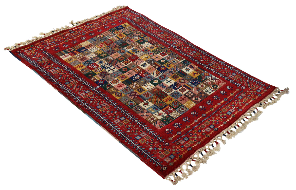 Folk Art Gabbeh Patchwork Panel Crimson Red Multicolour Hand Knotted Wool Area Rug