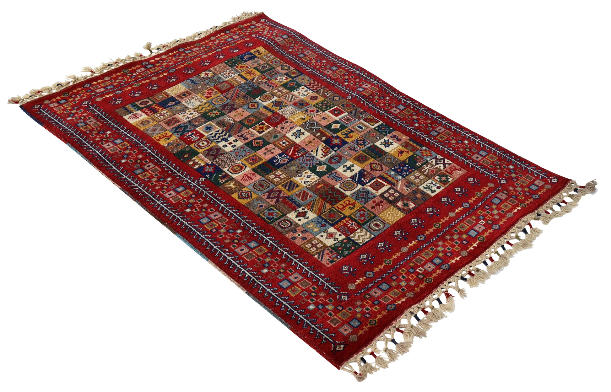 Folk Art Gabbeh Patchwork Panel Crimson Red Multicolour Hand Knotted Wool Area Rug