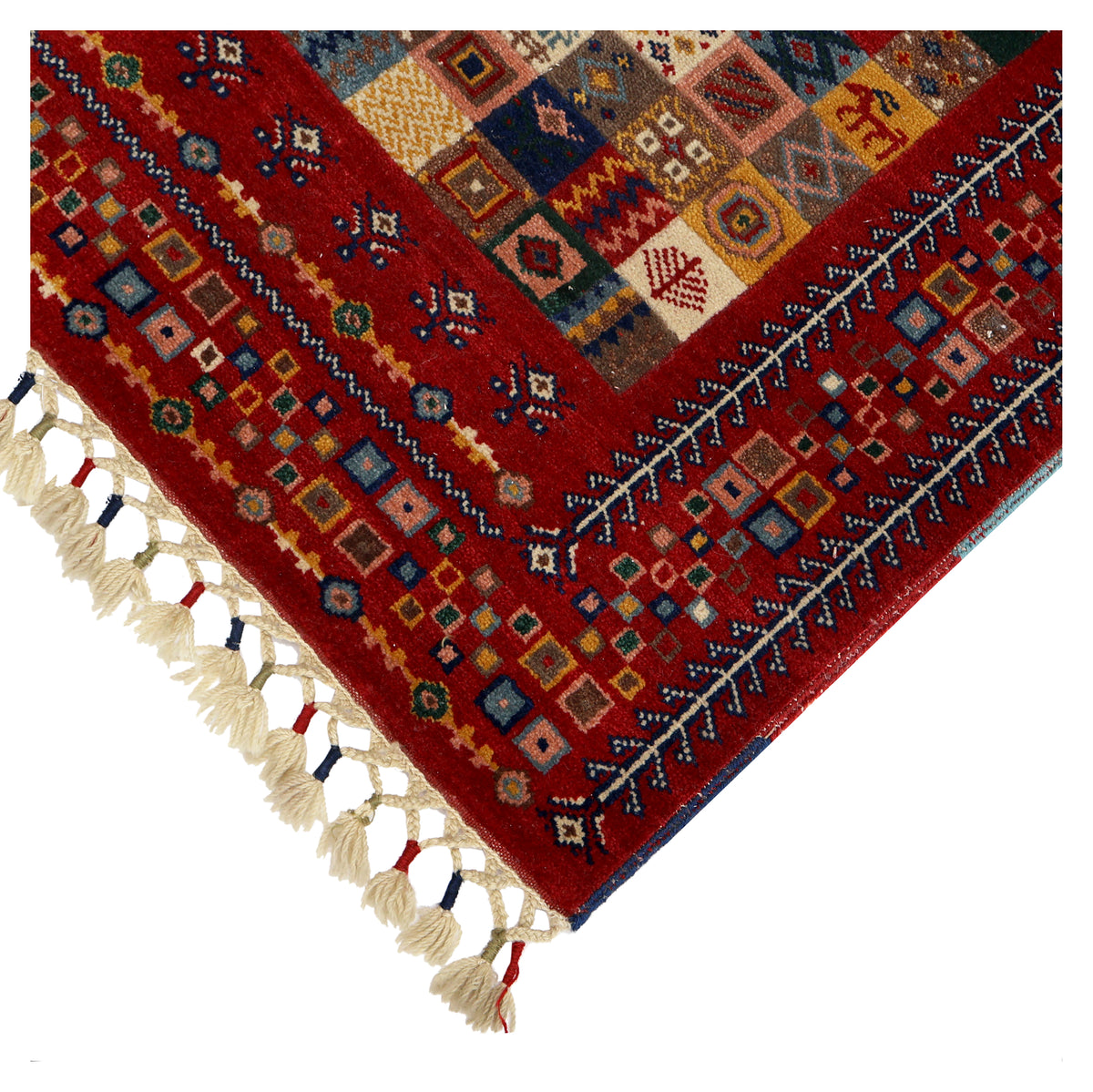 Folk Art Gabbeh Patchwork Panel Crimson Red Multicolour Hand Knotted Wool Area Rug