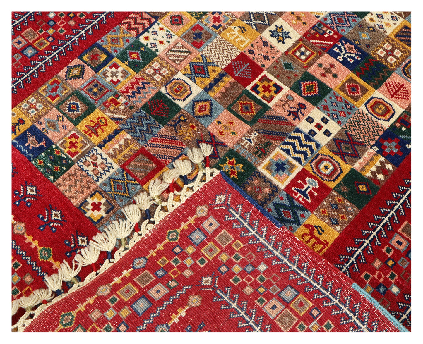 Folk Art Gabbeh Patchwork Panel Crimson Red Multicolour Hand Knotted Wool Area Rug