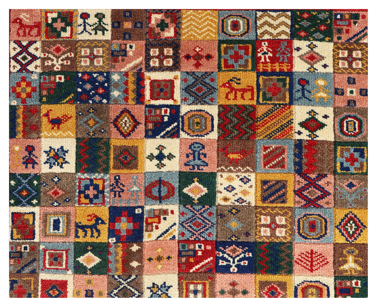 Folk Art Gabbeh Patchwork Panel Crimson Red Multicolour Hand Knotted Wool Area Rug