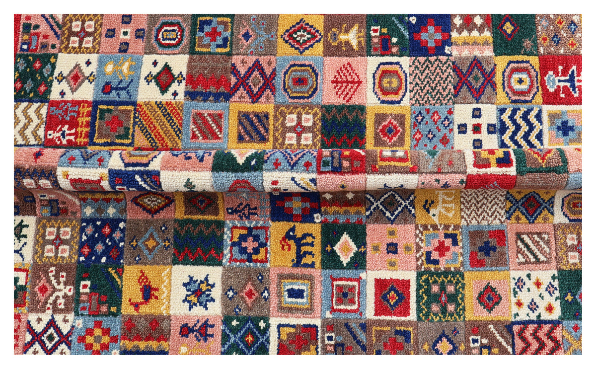Folk Art Gabbeh Patchwork Panel Crimson Red Multicolour Hand Knotted Wool Area Rug