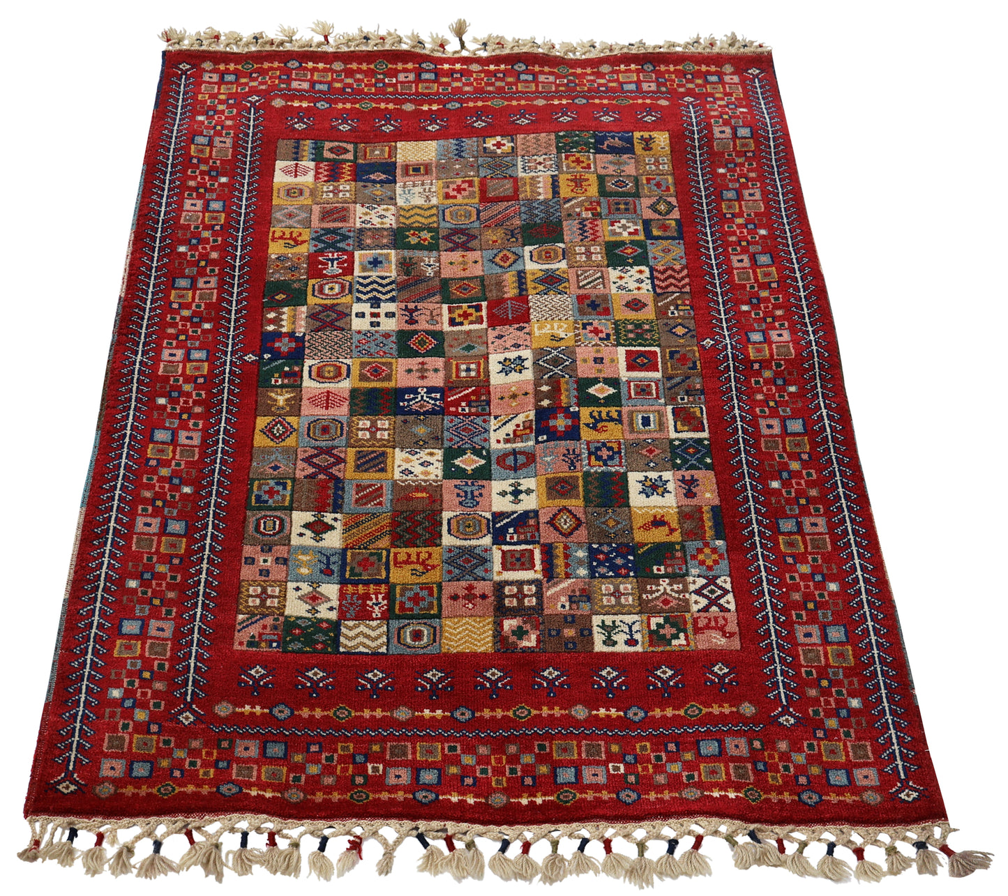 Folk Art Gabbeh Patchwork Panel Crimson Red Multicolour Hand Knotted Wool Area Rug
