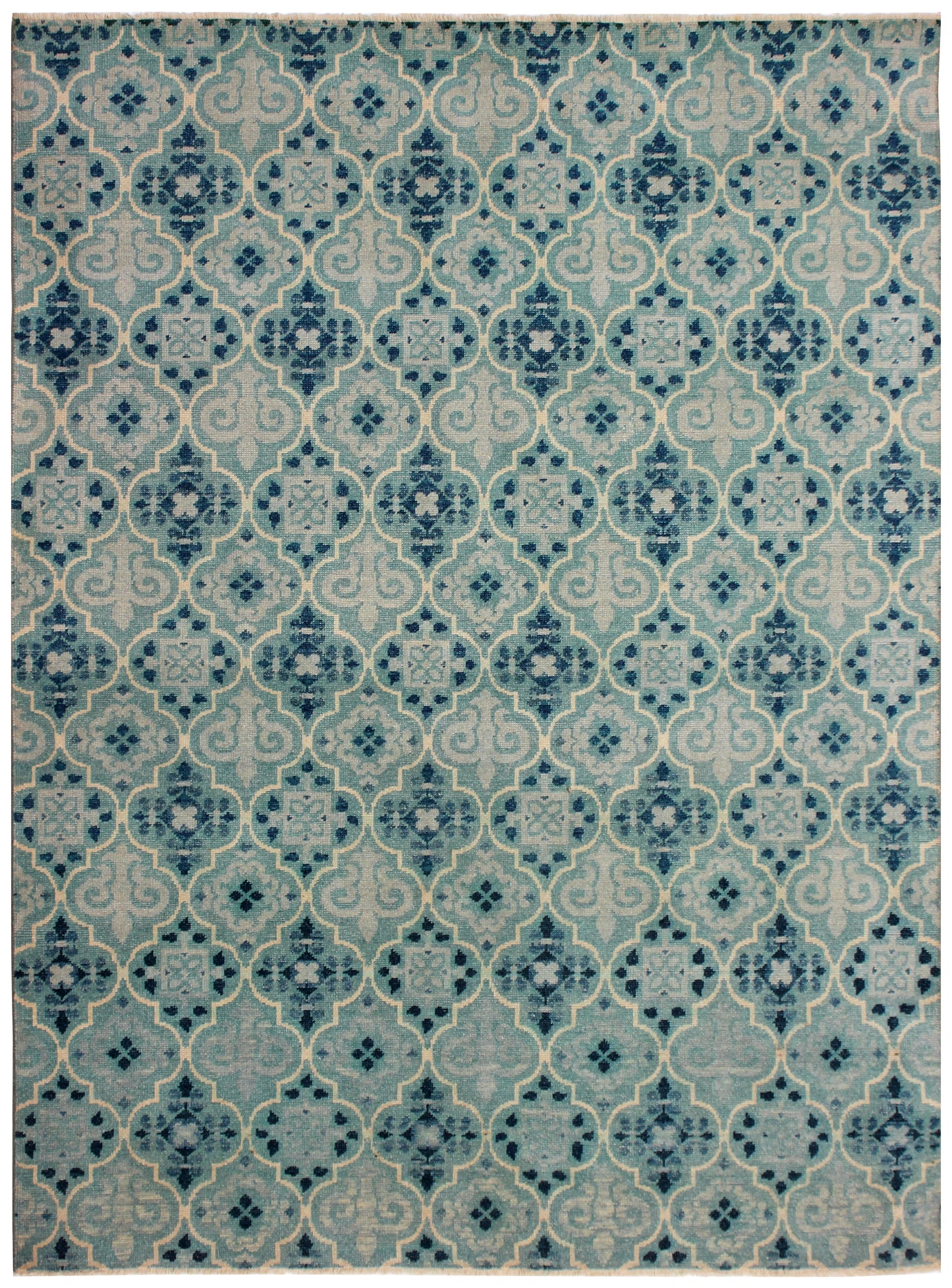 Blue Ivory Moroccan Trellis Hand Knotted 8x10 Wool Area Rug