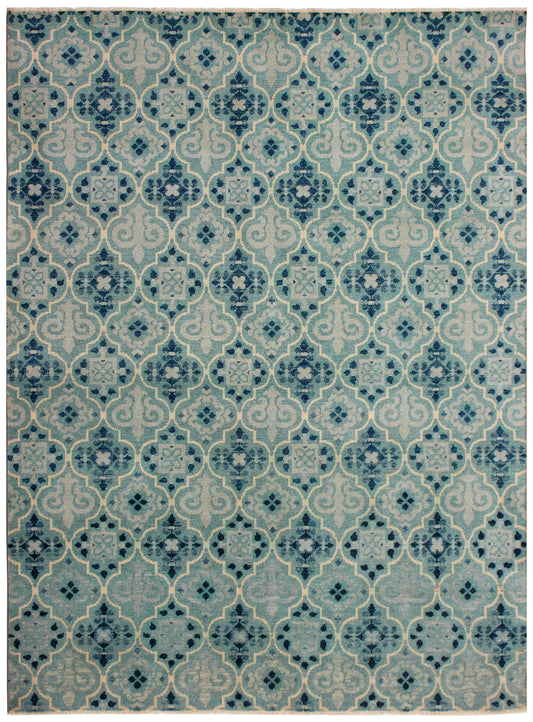 Blue Ivory Moroccan Trellis Hand Knotted 8x10 Wool Area Rug