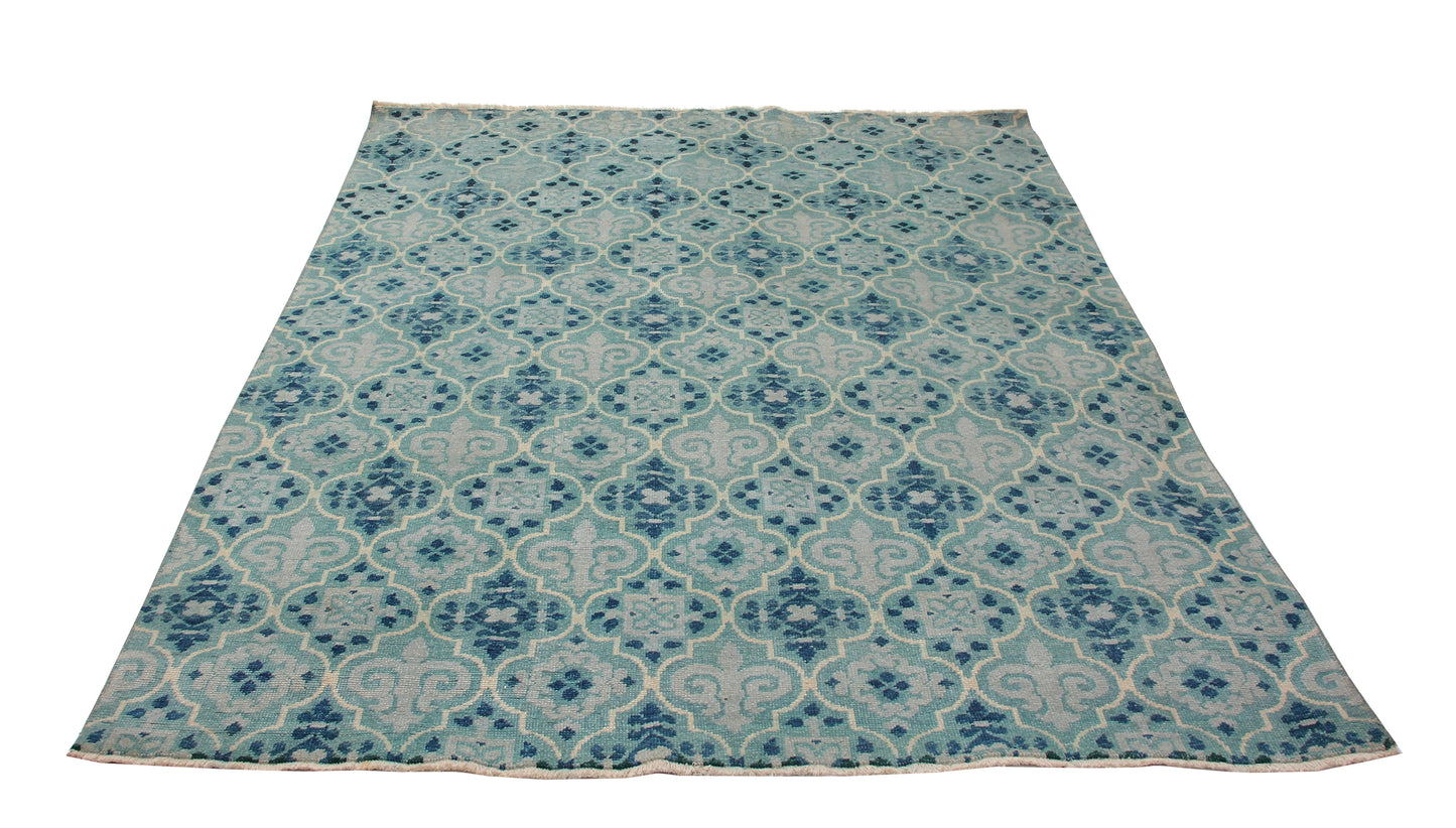 Blue Ivory Moroccan Trellis Hand Knotted 8x10 Wool Area Rug