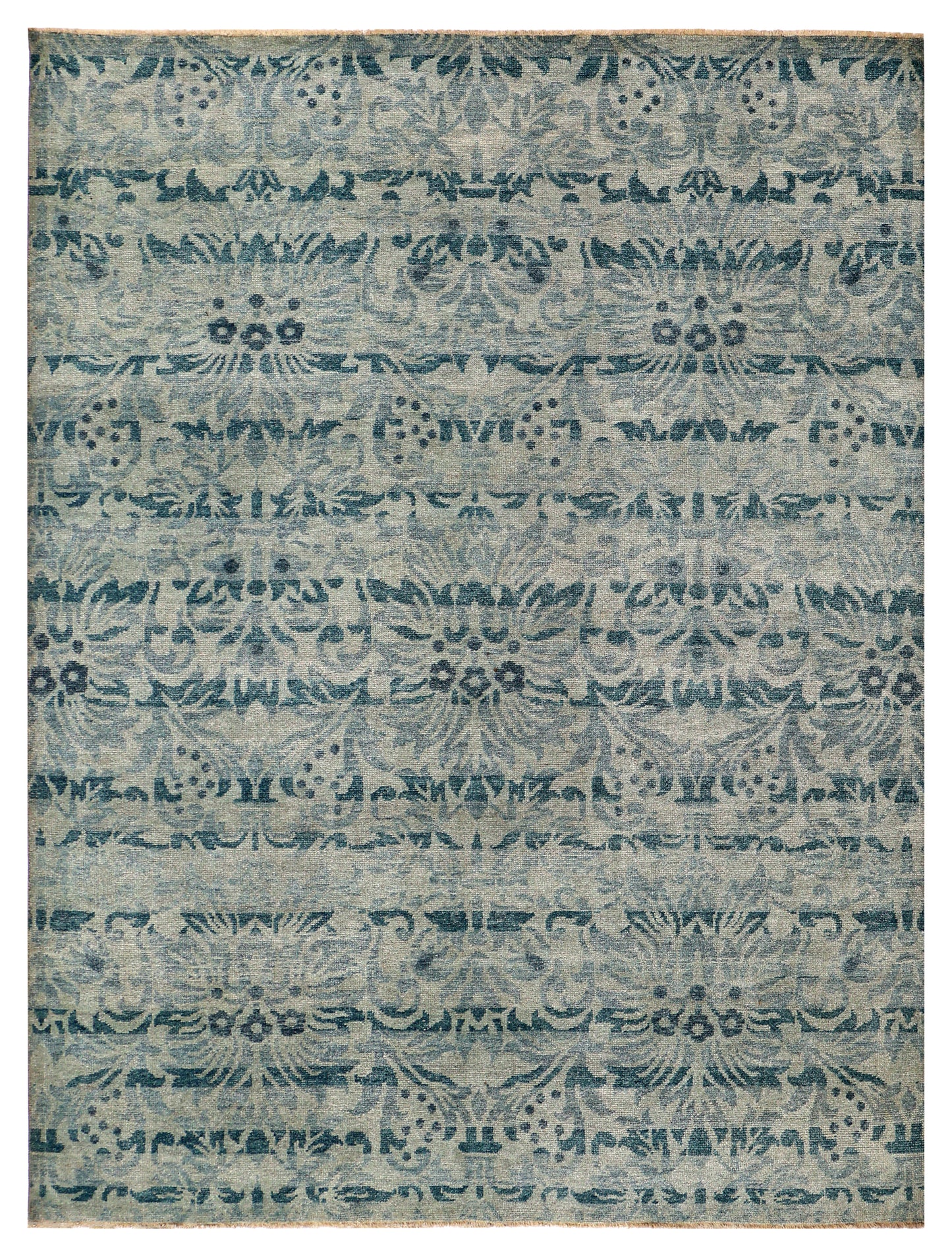 Vintage Teal Beige Traditional Floral Antique Wool Viscose Hand Knotted 8x10 Area Rug