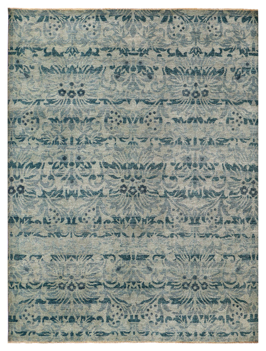Vintage Teal Beige Traditional Floral Antique Wool Viscose Hand Knotted 8x10 Area Rug