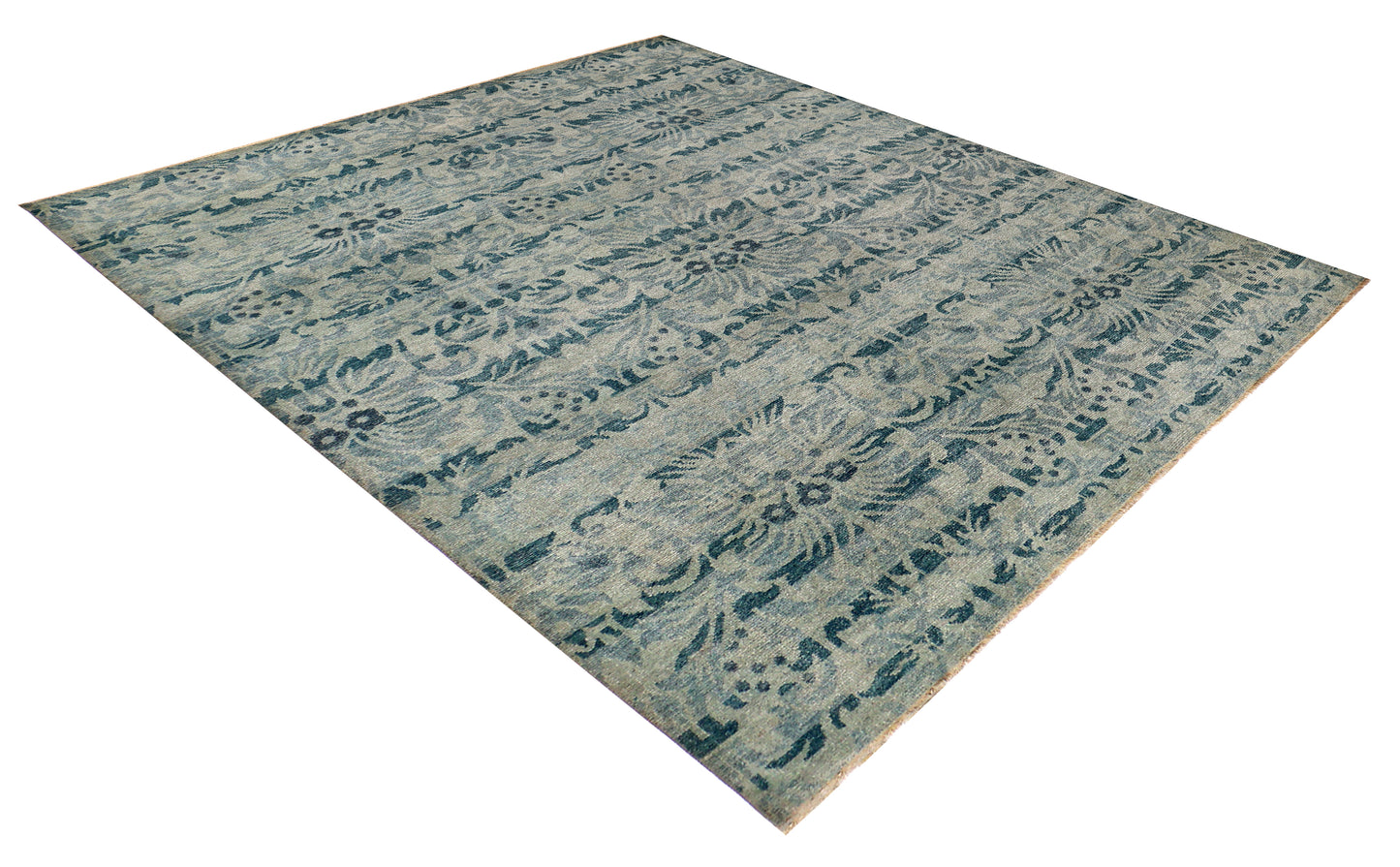 Vintage Teal Beige Traditional Floral Antique Wool Viscose Hand Knotted 8x10 Area Rug