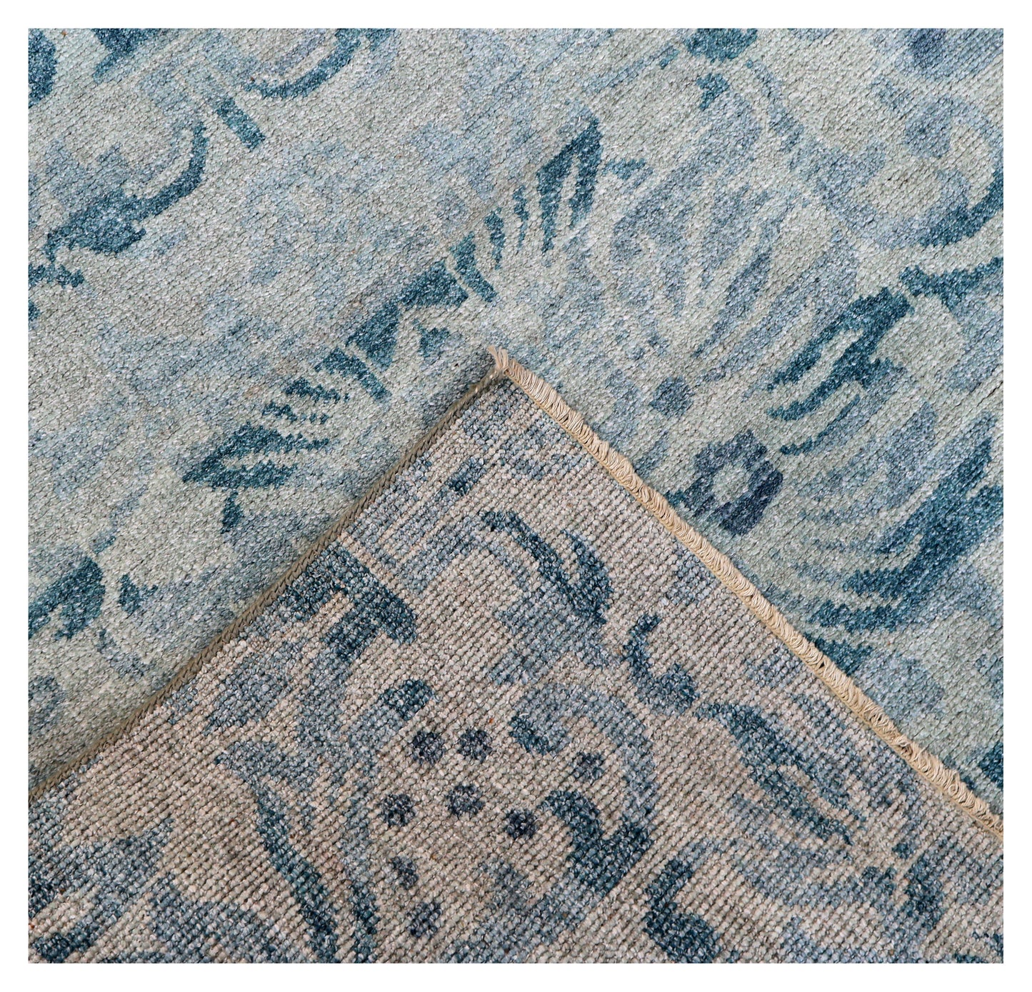 Vintage Teal Beige Traditional Floral Antique Wool Viscose Hand Knotted 8x10 Area Rug
