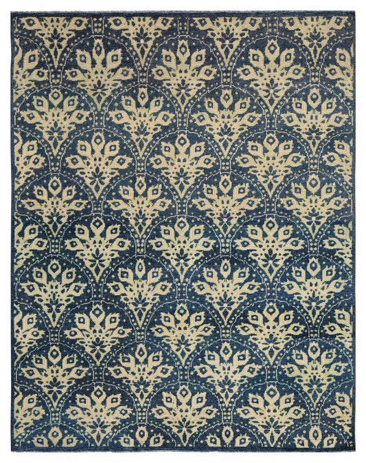 Dark Teal Beige Floral Arabesque Wool Viscose Hand Knotted 8x10 Area Rug