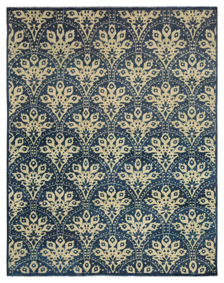 Dark Teal Beige Floral Arabesque Wool Viscose Hand Knotted 8x10 Area Rug
