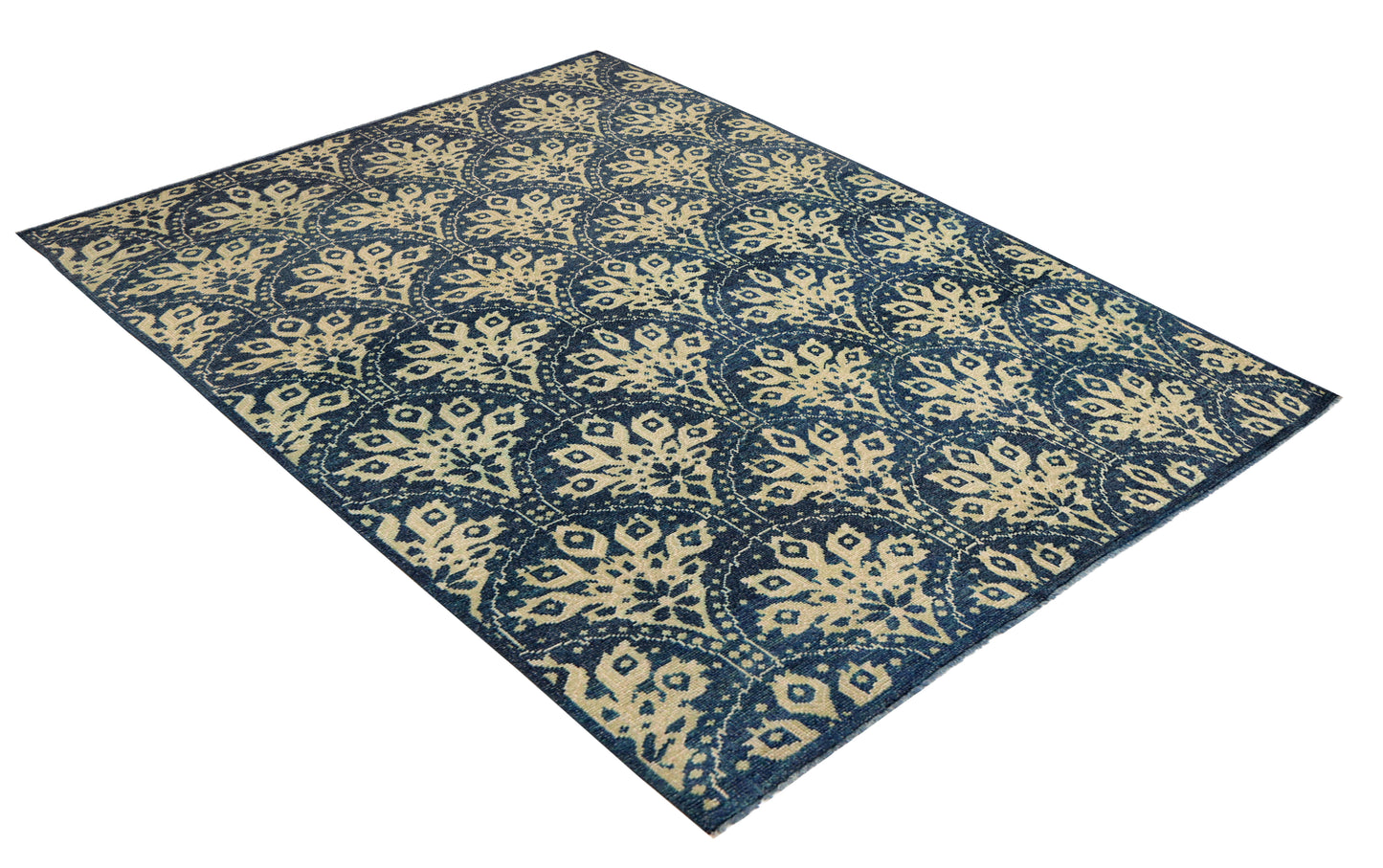 Dark Teal Beige Floral Arabesque Wool Viscose Hand Knotted 8x10 Area Rug