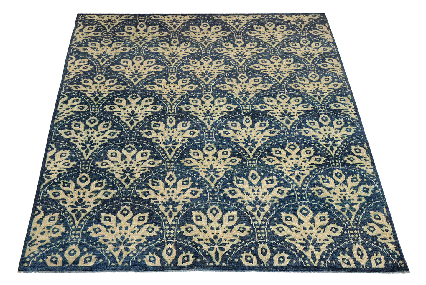 Dark Teal Beige Floral Arabesque Wool Viscose Hand Knotted 8x10 Area Rug