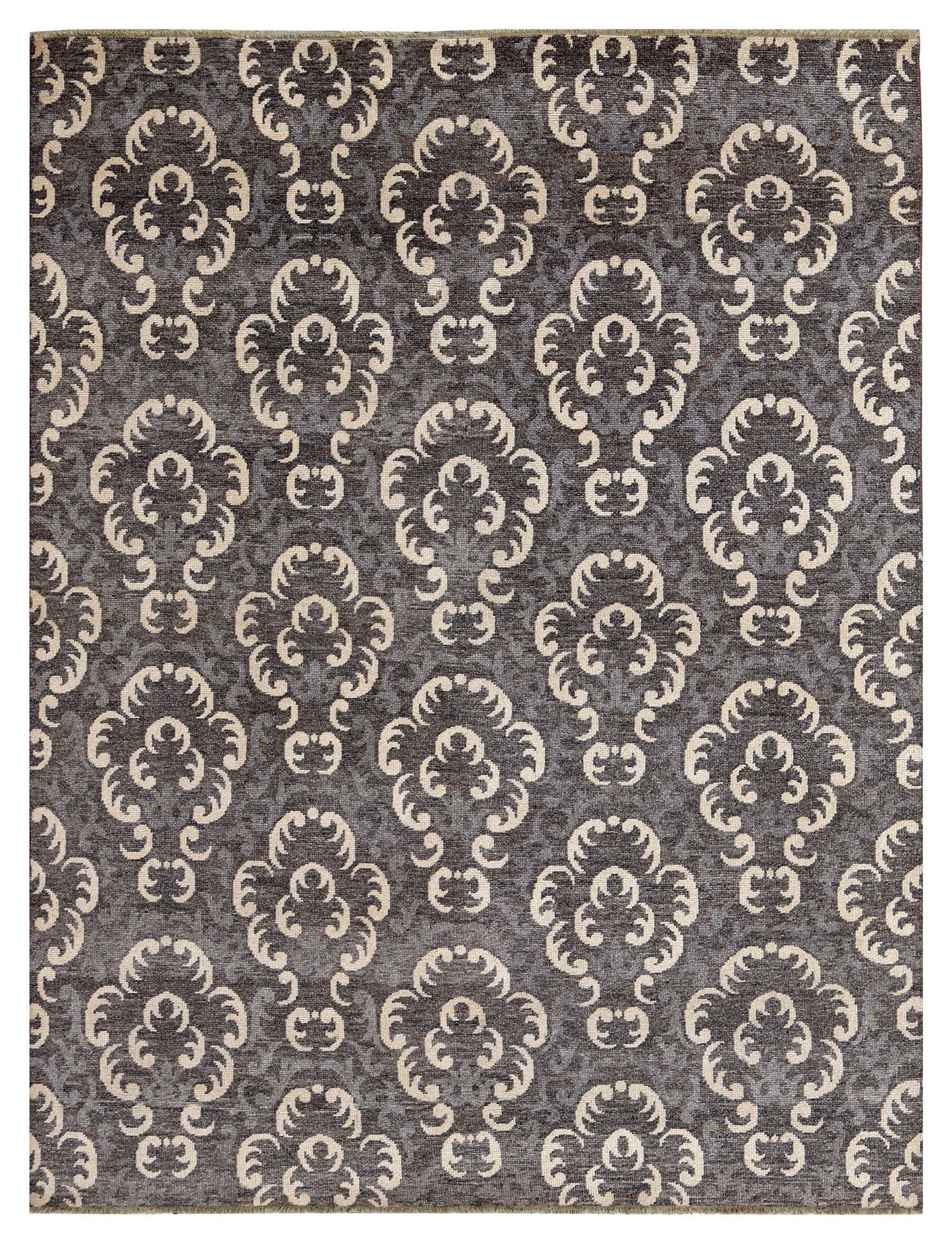Charcoal Grey Ivory Baroque Damask Floral Medallion Hand Knotted Wool Viscose 8x10 Bhadohi Area Rug