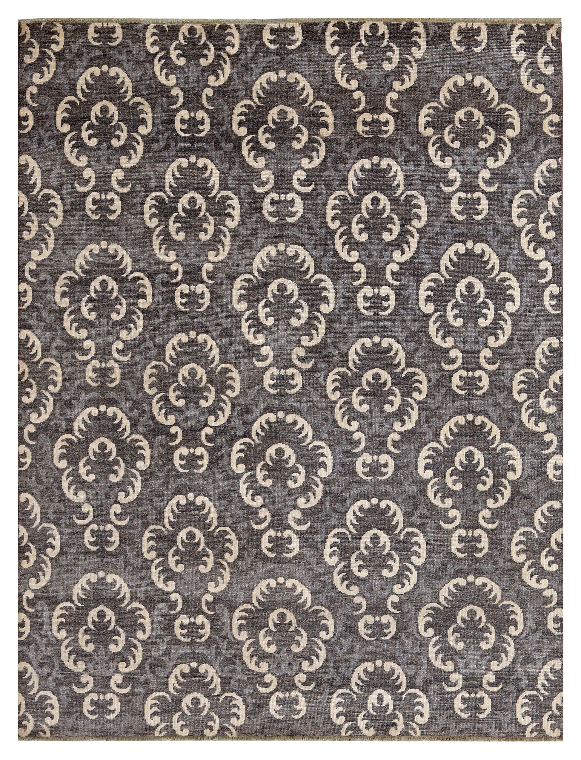 Charcoal Grey Ivory Baroque Damask Floral Medallion Hand Knotted Wool Viscose 8x10 Bhadohi Area Rug