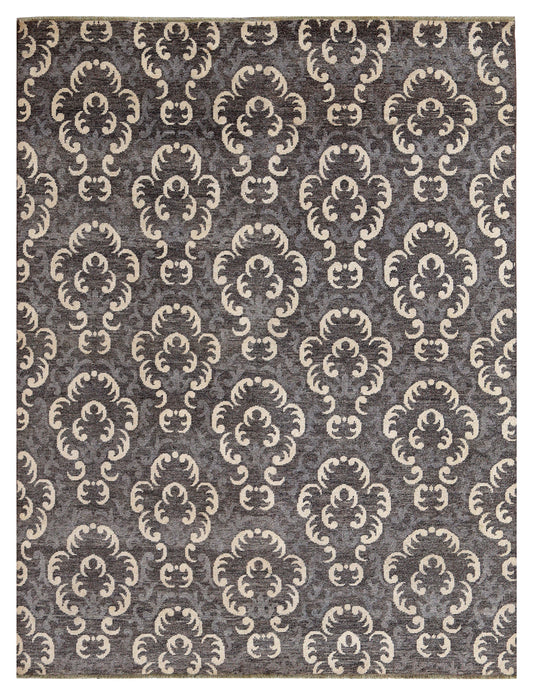 Charcoal Grey Ivory Baroque Damask Floral Medallion Hand Knotted Wool Viscose 8x10 Bhadohi Area Rug