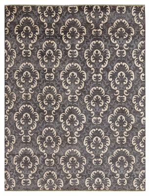 Charcoal Grey Ivory Baroque Damask Floral Medallion Hand Knotted Wool Viscose 8x10 Bhadohi Area Rug