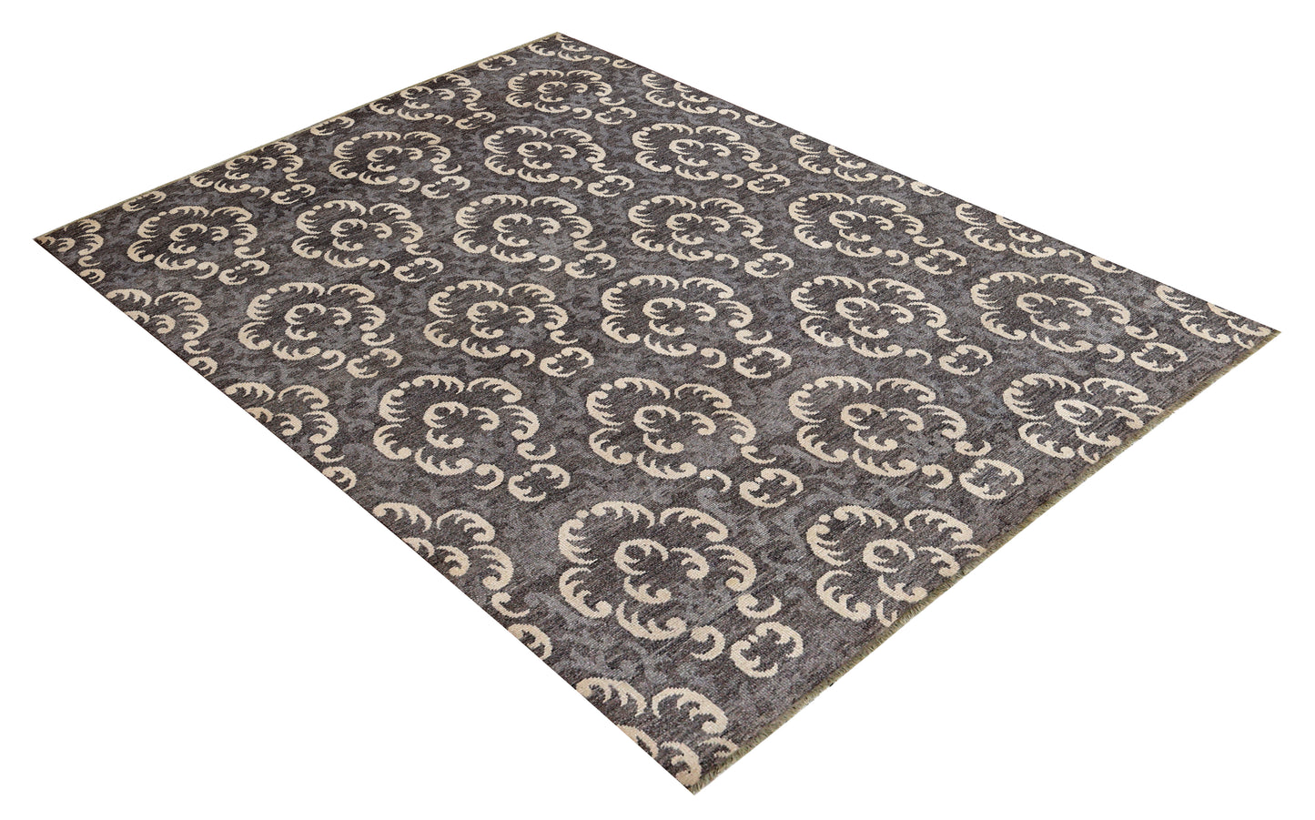 Charcoal Grey Ivory Baroque Damask Floral Medallion Hand Knotted Wool Viscose 8x10 Bhadohi Area Rug