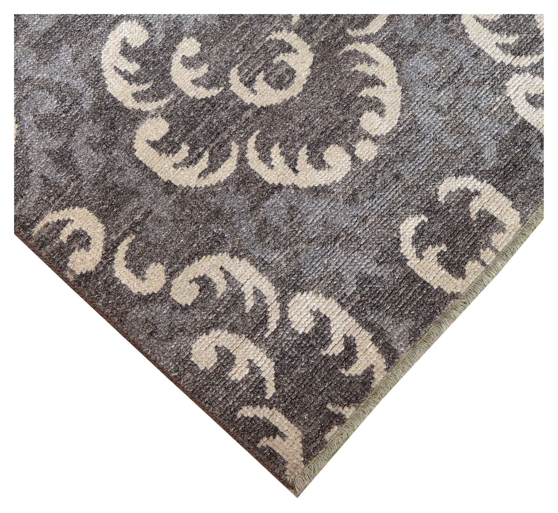 Charcoal Grey Ivory Baroque Damask Floral Medallion Hand Knotted Wool Viscose 8x10 Bhadohi Area Rug