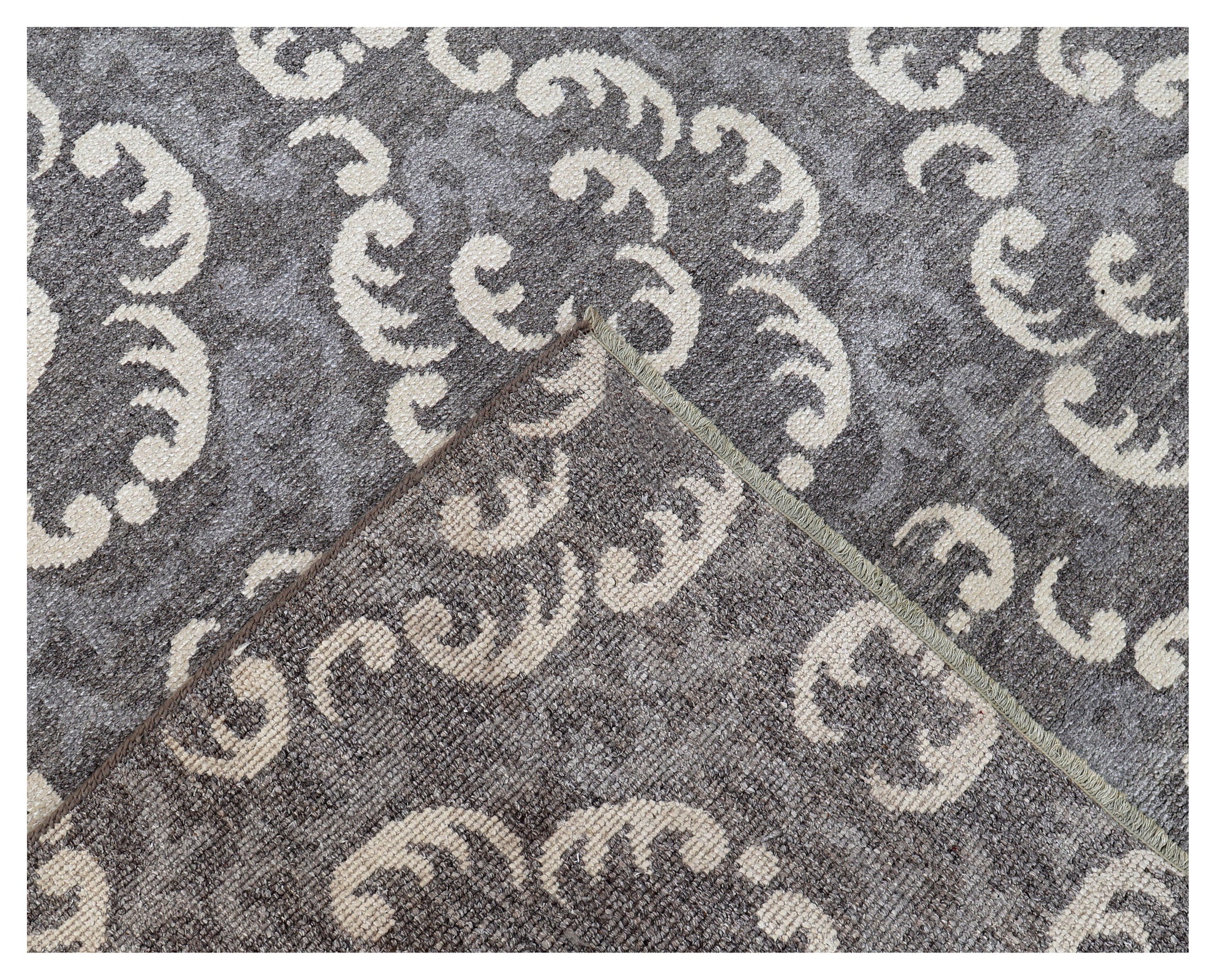 Charcoal Grey Ivory Baroque Damask Floral Medallion Hand Knotted Wool Viscose 8x10 Bhadohi Area Rug