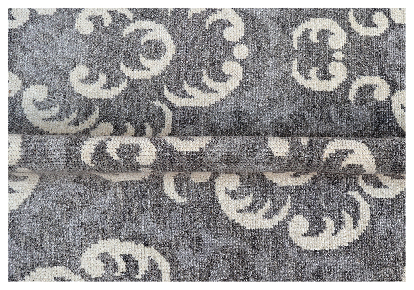 Charcoal Grey Ivory Baroque Damask Floral Medallion Hand Knotted Wool Viscose 8x10 Bhadohi Area Rug
