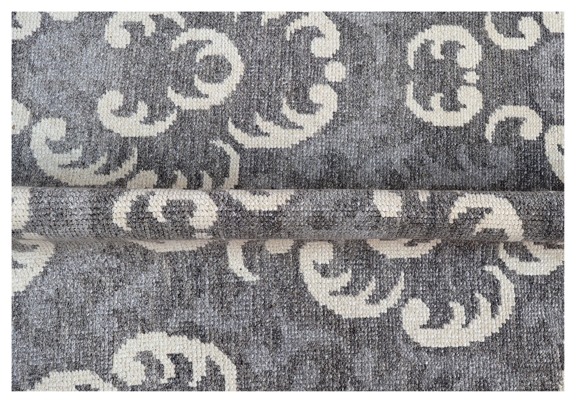 Charcoal Grey Ivory Baroque Damask Floral Medallion Hand Knotted Wool Viscose 8x10 Bhadohi Area Rug