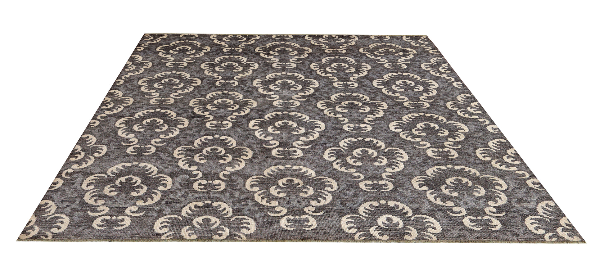 Charcoal Grey Ivory Baroque Damask Floral Medallion Hand Knotted Wool Viscose 8x10 Bhadohi Area Rug