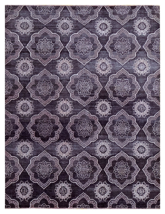 Purple Ivory Geometric Medallion Wool Viscose Hand Knotted Modern 8x10 Area Rug