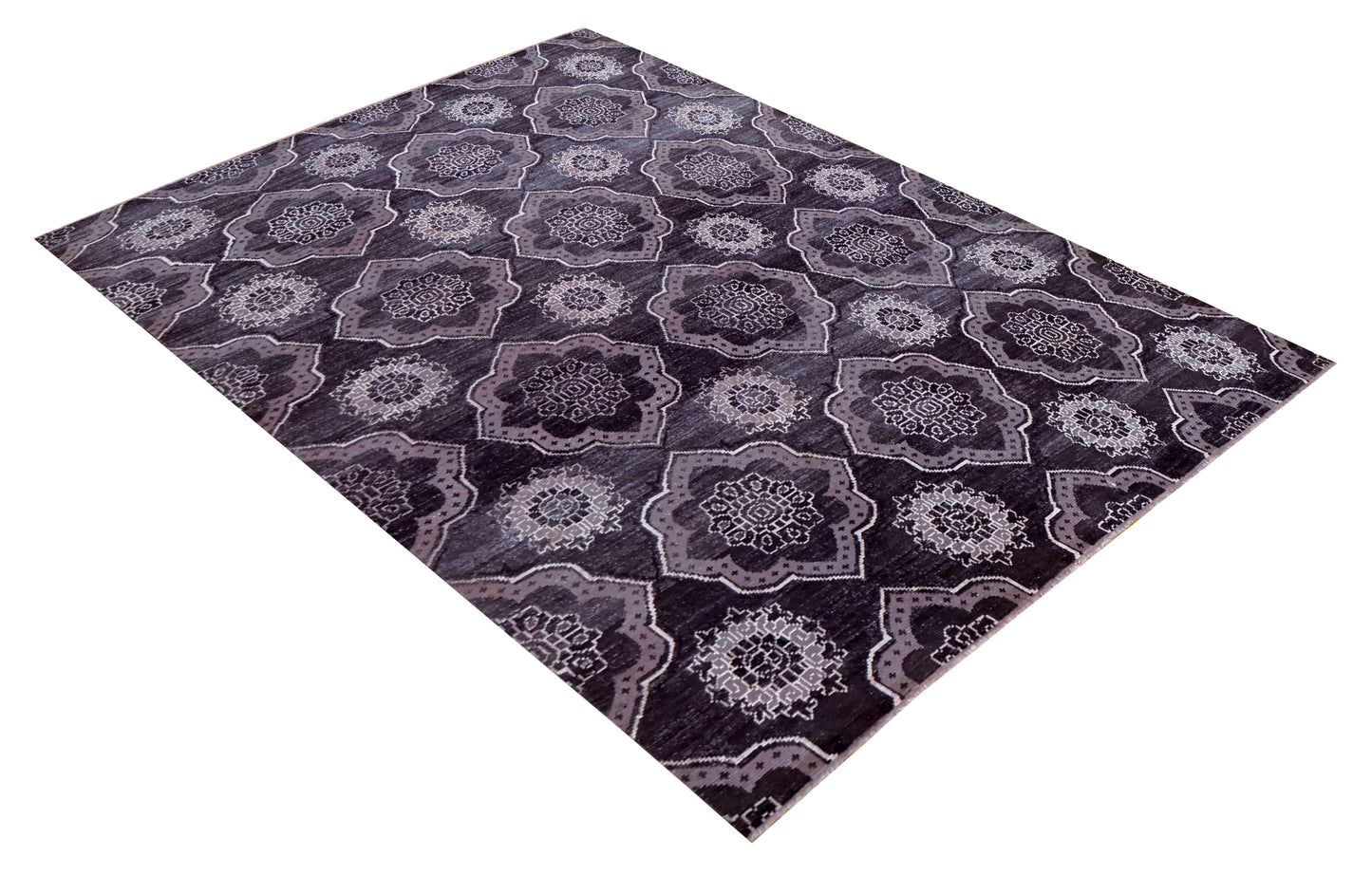 Purple Ivory Geometric Medallion Wool Viscose Hand Knotted Modern 8x10 Area Rug