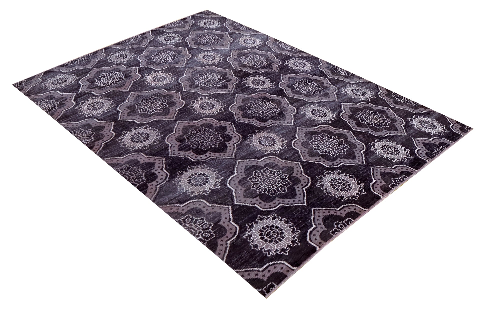 Purple Ivory Geometric Medallion Wool Viscose Hand Knotted Modern 8x10 Area Rug
