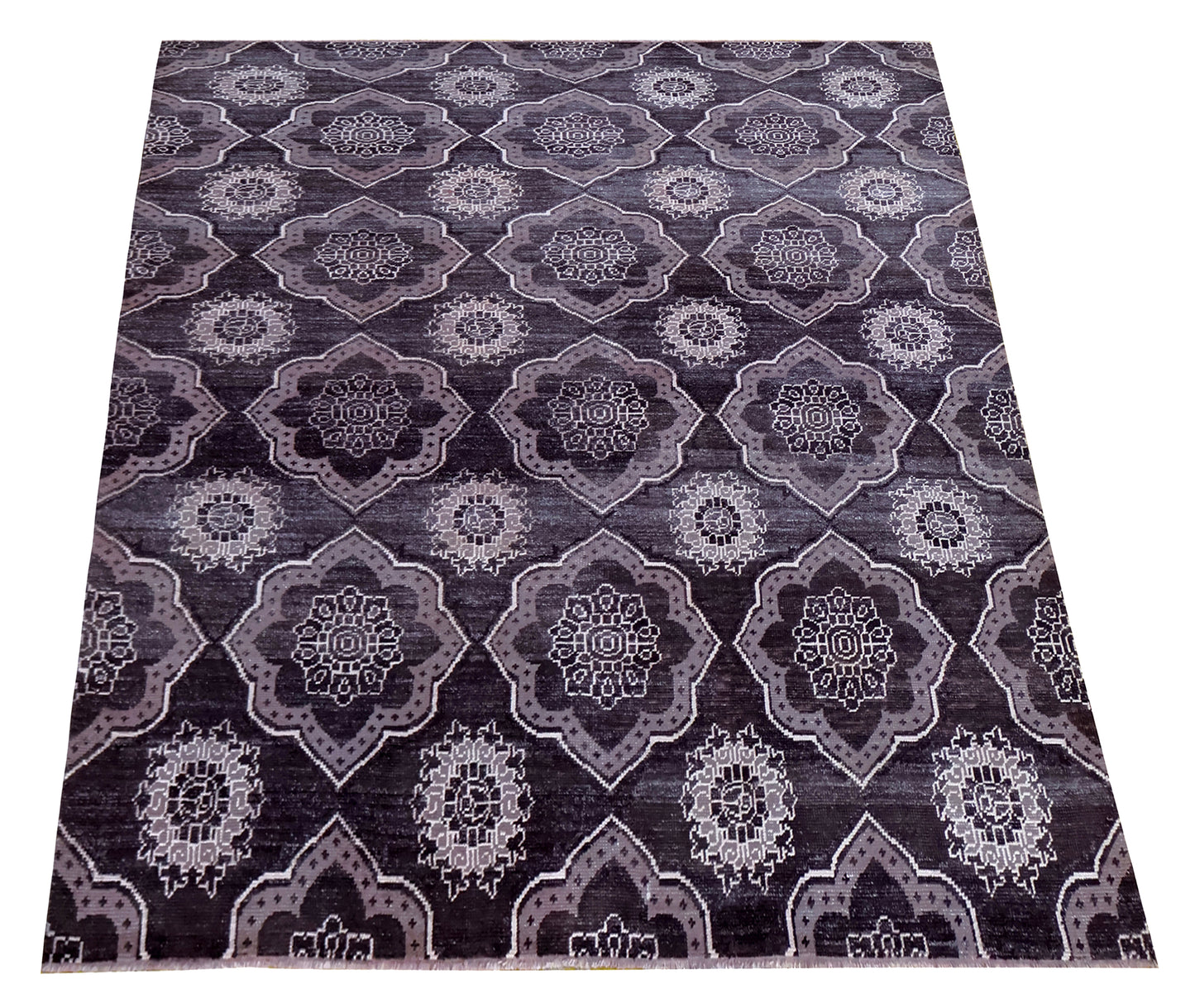 Purple Ivory Geometric Medallion Wool Viscose Hand Knotted Modern 8x10 Area Rug