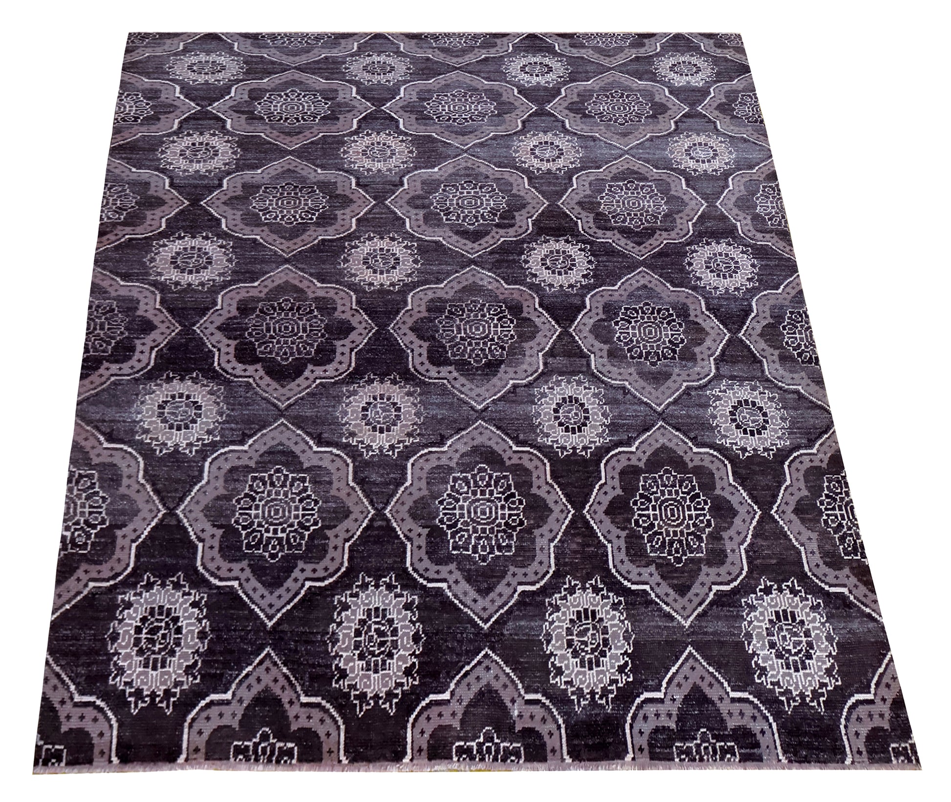 Purple Ivory Geometric Medallion Wool Viscose Hand Knotted Modern 8x10 Area Rug