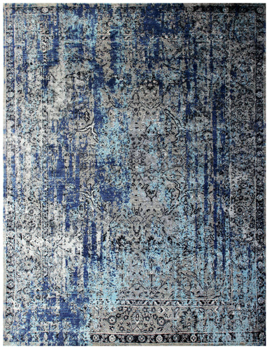 Blue Grey Silver 8x10 Hand Knotted Wool Viscose Area Rug - Vintage Antique Abstract