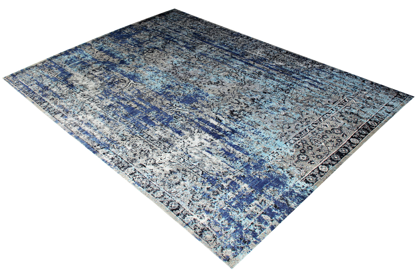 Blue Grey Silver 8x10 Hand Knotted Wool Viscose Area Rug - Vintage Antique Abstract