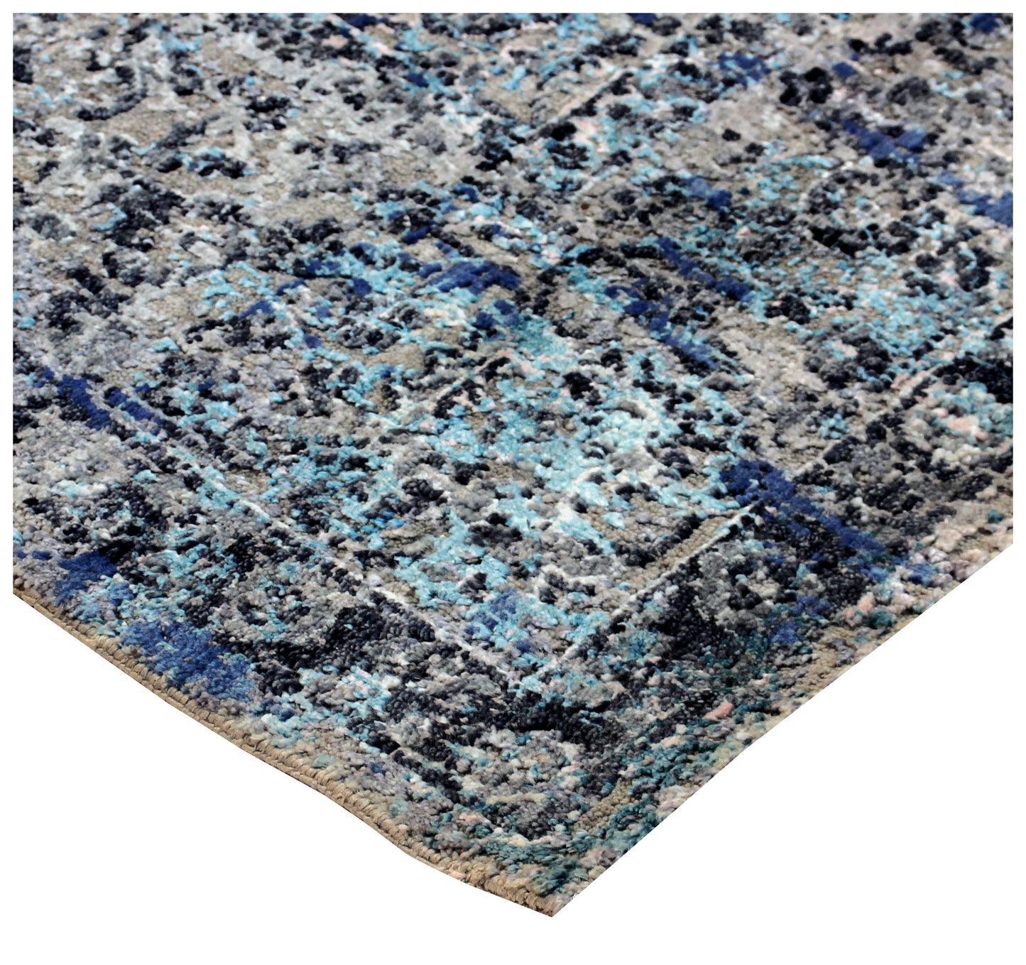 Blue Grey Silver 8x10 Hand Knotted Wool Viscose Area Rug - Vintage Antique Abstract