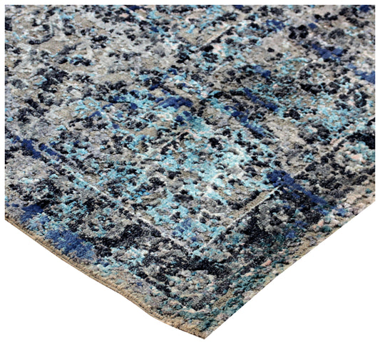 Blue Grey Silver 8x10 Hand Knotted Wool Viscose Area Rug - Vintage Antique Abstract