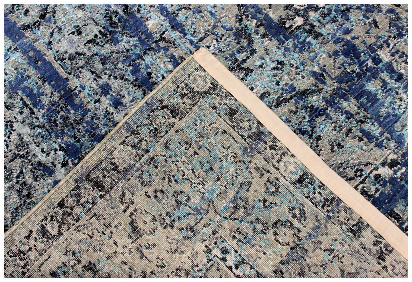 Blue Grey Silver 8x10 Hand Knotted Wool Viscose Area Rug - Vintage Antique Abstract