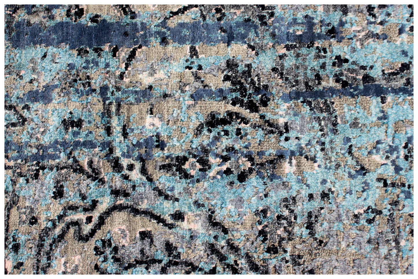 Blue Grey Silver 8x10 Hand Knotted Wool Viscose Area Rug - Vintage Antique Abstract