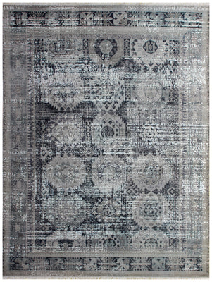 Vintage Distressed Medallion Rug 7.6x9.6 - Grey Charcoal Hand Knotted 45 KPSI Bhadohi Rugs