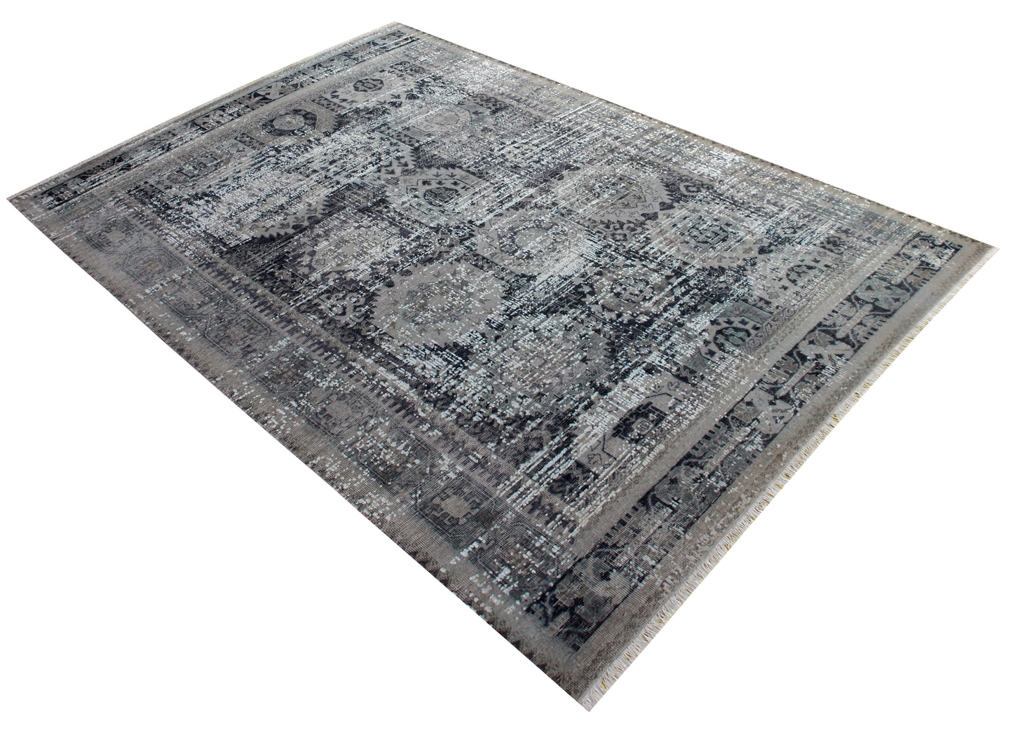 Vintage Distressed Medallion Rug 7.6x9.6 - Grey Charcoal Hand Knotted 45 KPSI Bhadohi Rugs