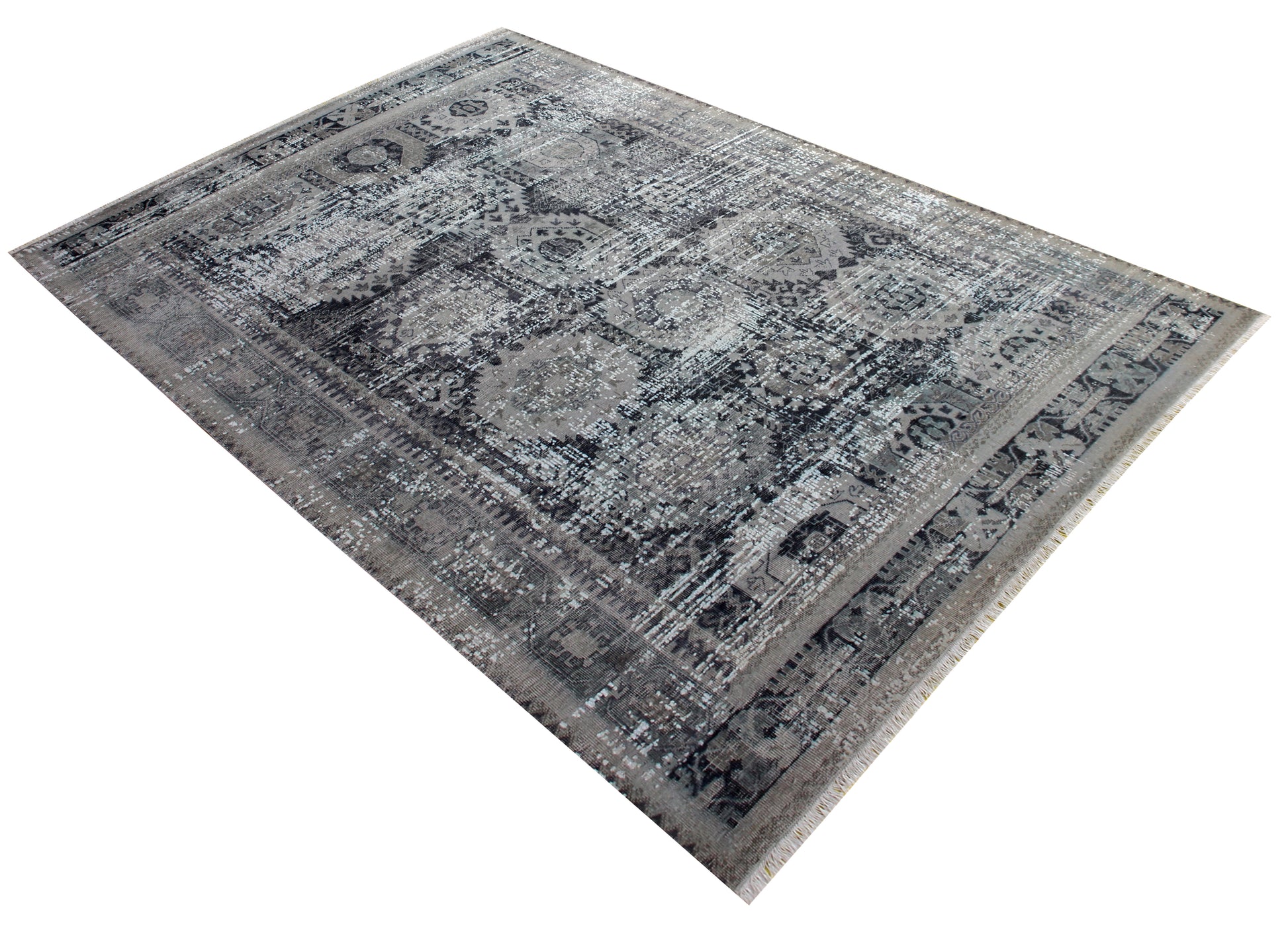 Vintage Distressed Medallion Rug 7.6x9.6 - Grey Charcoal Hand Knotted 45 KPSI Bhadohi Rugs