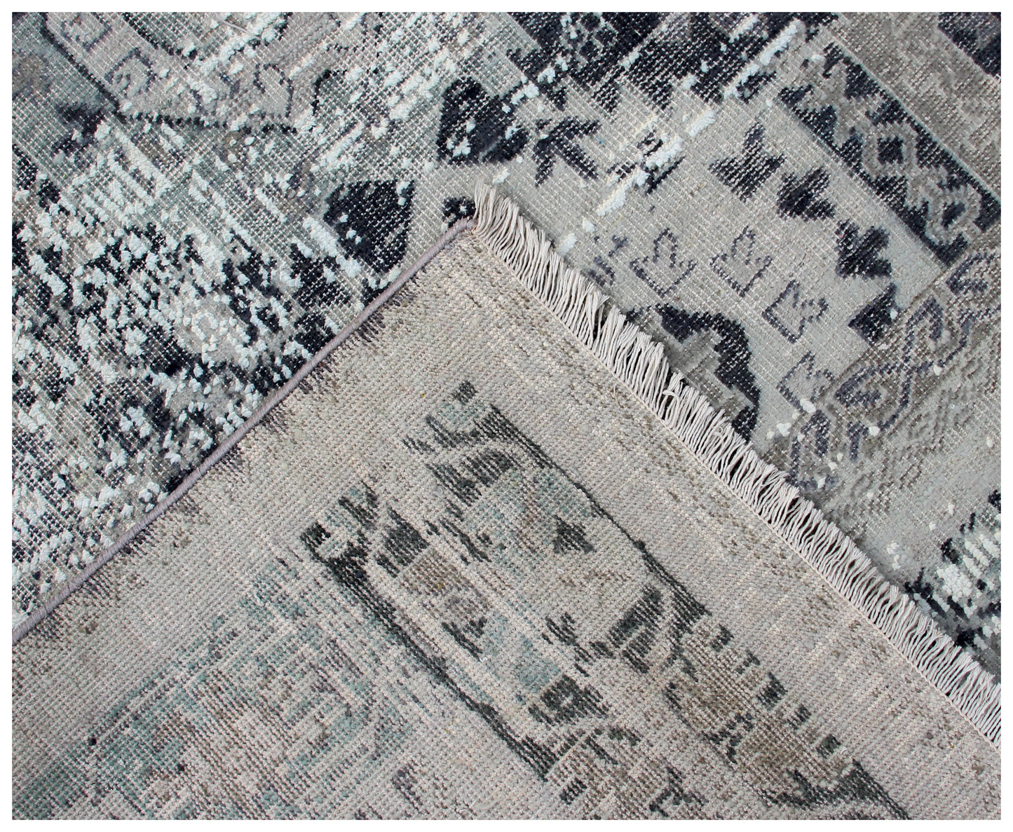 Vintage Distressed Medallion Rug 7.6x9.6 - Grey Charcoal Hand Knotted 45 KPSI Bhadohi Rugs