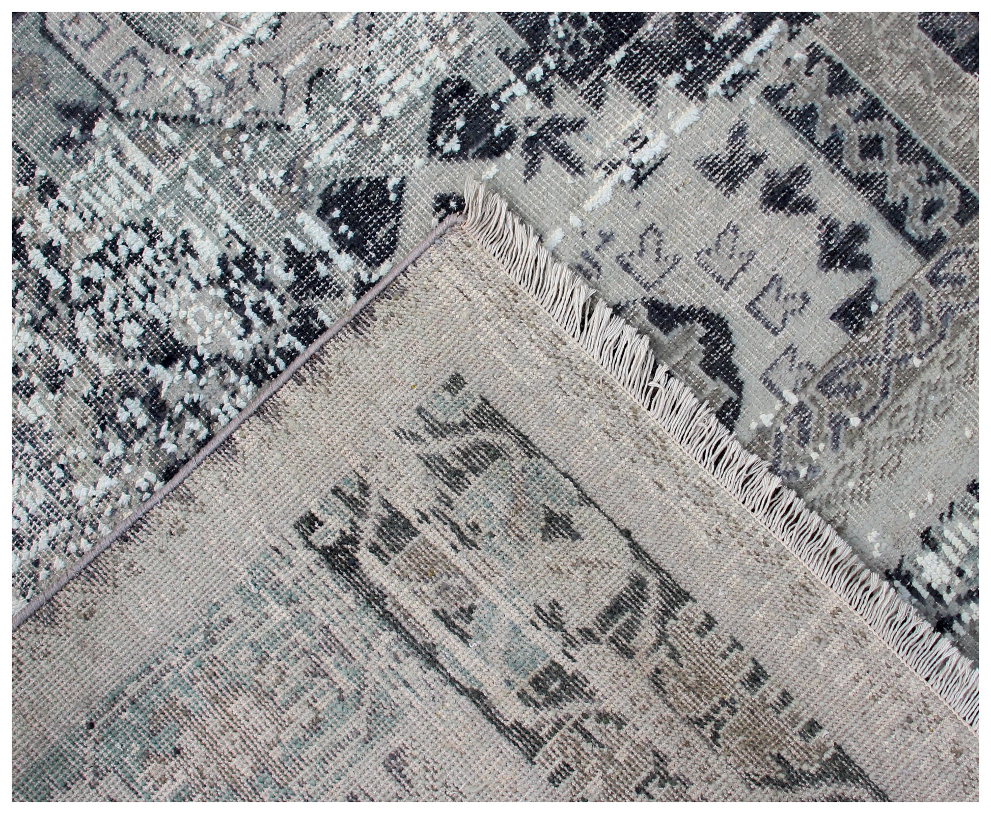 Vintage Distressed Medallion Rug 7.6x9.6 - Grey Charcoal Hand Knotted 45 KPSI Bhadohi Rugs