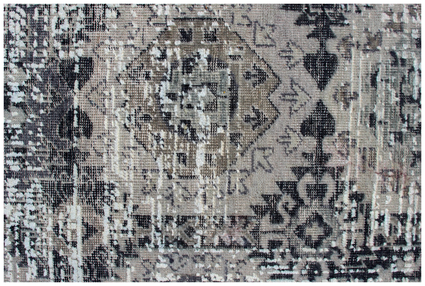 Vintage Distressed Medallion Rug 7.6x9.6 - Grey Charcoal Hand Knotted 45 KPSI Bhadohi Rugs