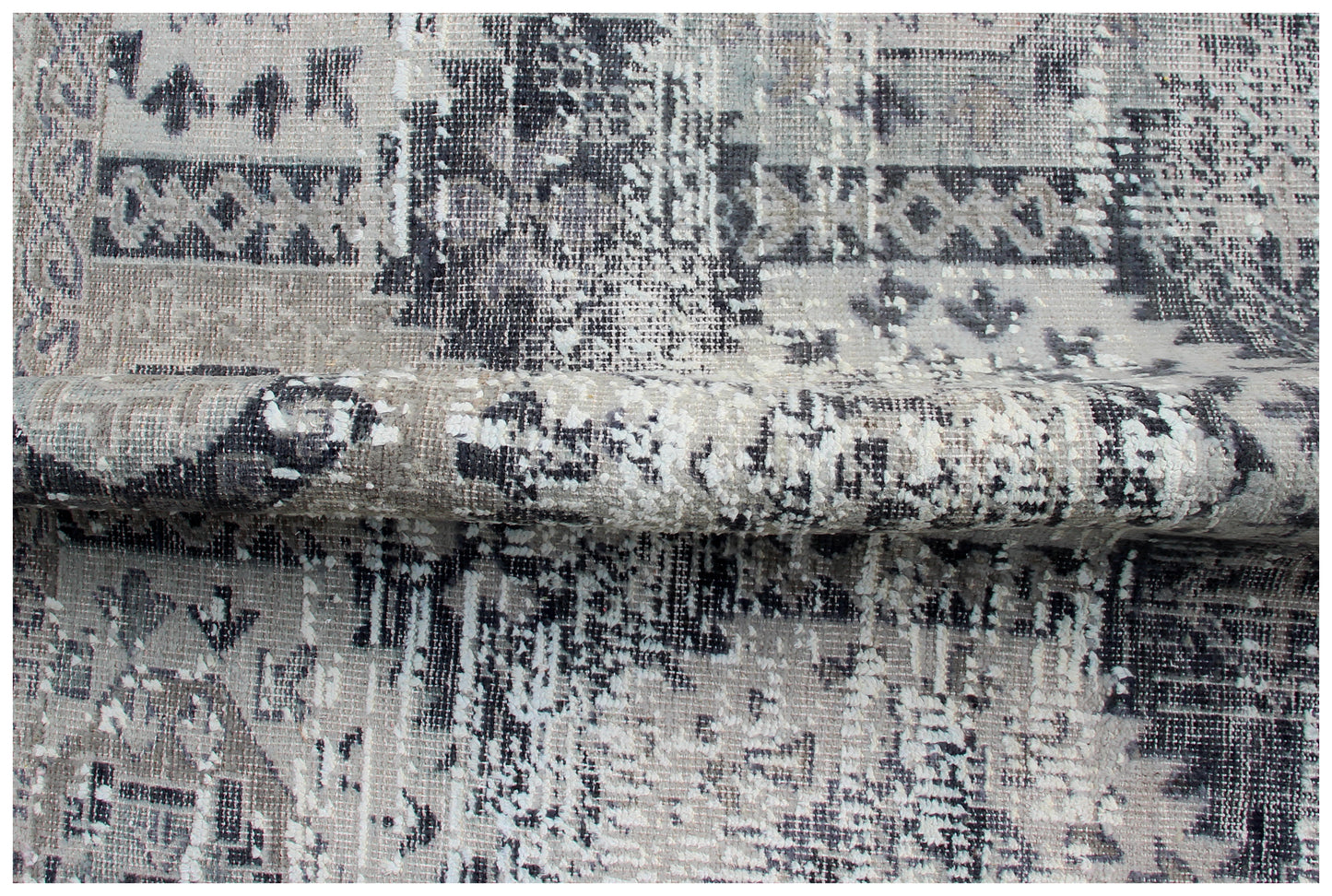 Vintage Distressed Medallion Rug 7.6x9.6 - Grey Charcoal Hand Knotted 45 KPSI Bhadohi Rugs