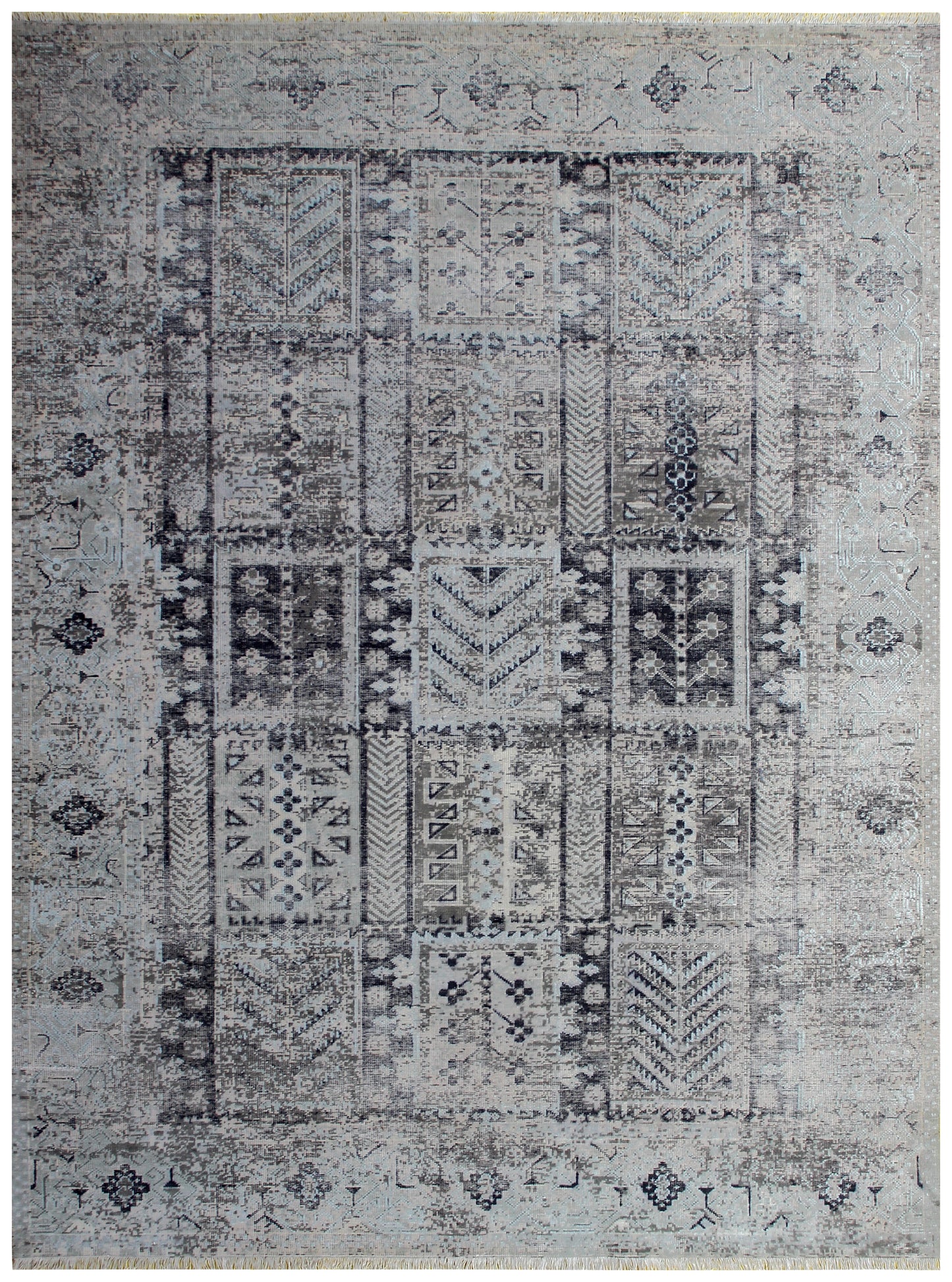Tribal Medallion Hand Knotted Rug 8x10 - Grey Charcoal Vintage Distressed 45 KPSI Bhadohi Rugs