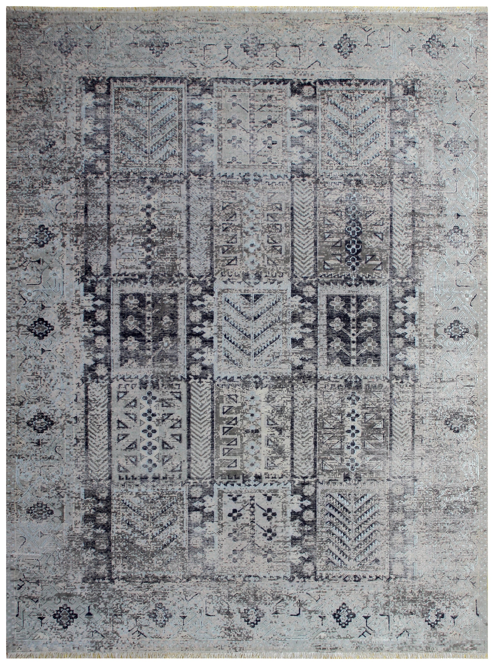 Tribal Medallion Hand Knotted Rug 8x10 - Grey Charcoal Vintage Distressed 45 KPSI Bhadohi Rugs